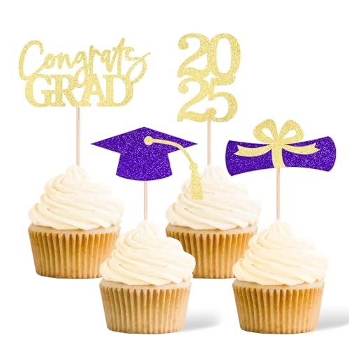 Class of 2025 Graduation Decoration Party Cupcake Toppers, Double-sided Grad Cap Cake Toppers for Graduation Party Supplies 2025 Graduate Party Graduation Decorations(24 pcs, Gold & Purple)