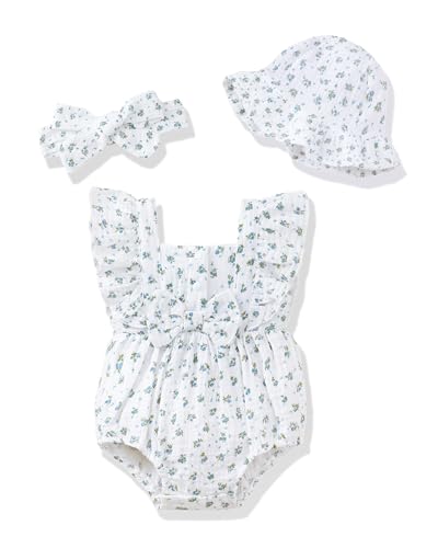 Image of Renotemy Baby Girl Clothes Infant Summer Romper Cotton Linen Newborn Essentials Photography Preemie Outfits with Hat&Headband