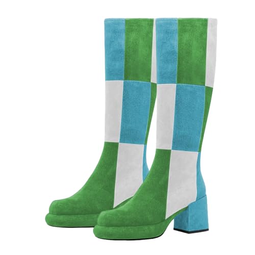 miss left Women Platform Knee High Boots Closed Round Toe Mid Chunky Heel Patchwork Winter Fall Boot Side Zip Dressy Daily Casual Party Walking Shoes Size 4-16 US4