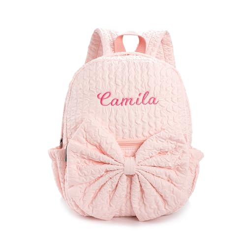 Image of 15inch Daycare Backpack Personalized Large Backpack with Name | Cute Punch Backpack for Age 4-6,Quilted & Lightweight Fabric,Large Front Pocket with Bow,Padded Shoulder Straps,Custom Gift