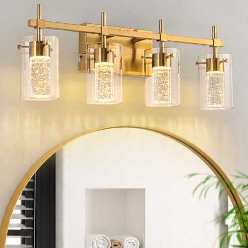 Image of 4-Light Gold Vanity Light with 3 Color Modes (3000K /4000K /6000K), Eye Protection LED Bathroom Light Fixture, Dimmable Modern Wall Light Over Mirror with Clear Glass Shade