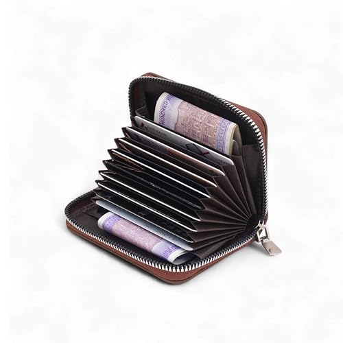 Image of 9 Slot RFID Genuine Leather Credit Debit Card Holder Wallet Money Zipper Coin Purse for Men & Women (Brown 2)