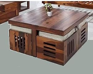 Woodkoof - Solid Sheesham Wood Coffee Table with 4 Stool for Living Room, Cafe || Wooden Coffee Table || Finish Color (Natural Finish Cushion Cream)