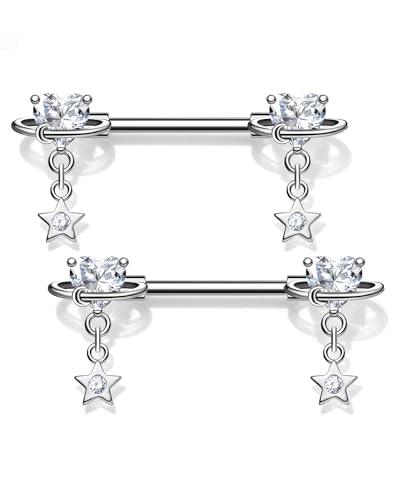 OUFER G23 Titanium Nipple Piercing Jewelry Sparkling Heart CZ with Star Silver Nipple Rings for Women on Beach or Party