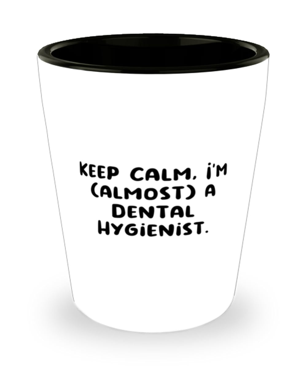 MIPOMALL Sarcastic Dental hygienist Gifts, Keep Calm, I'm (almost) a Dental, Birthday Shot Glass For Dental hygienist from Friends