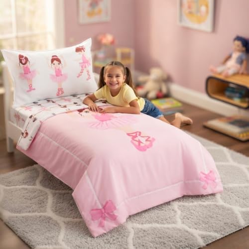Image of EVERYDAY KIDS 4 Piece Toddler Bedding Set -Born to Dance Ballerina- Includes Comforter, Flat Sheet, Fitted Sheet and Reversible Pillowcase