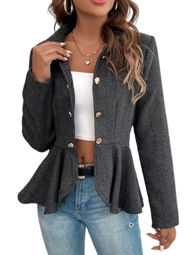 Women's Ruffled Blazer Jacket Plaid Long Sleeve Double Breasted Open Front Jackets Work Office Suits