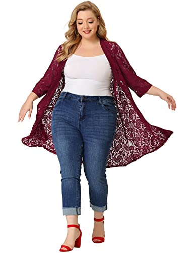 Image of Agnes Orinda Plus Size Cardigans for Women Lace Cardigan Lightweight Crochet 3 /4 Sleeve Cover Up Jacket