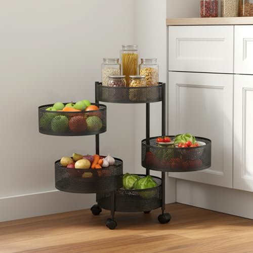 Image of BonKaso 5-Layer Round Multipurpose Kitchen Trolley with Swivel Storage Basket & 360 Rotating Wheels, Black Steel Frame, Easy Mobility, Space-Saving and Durable