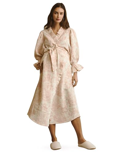 NOTHING FITS BUT Muslin Gauze Maternity Robe for Hospital, Nursing Nightgown Puffed Sleeves Cotton Delivery Gown