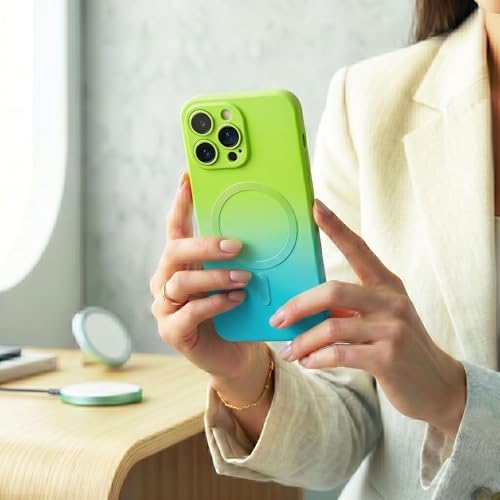 Image of amazon basics Gradient Mag-Safe Case for iPhone 13 Pro Max | Soft Silicone Shockproof Cover with Camera Protection | Slim Lightweight Design | Smooth Touch & Durable - Green & Blue
