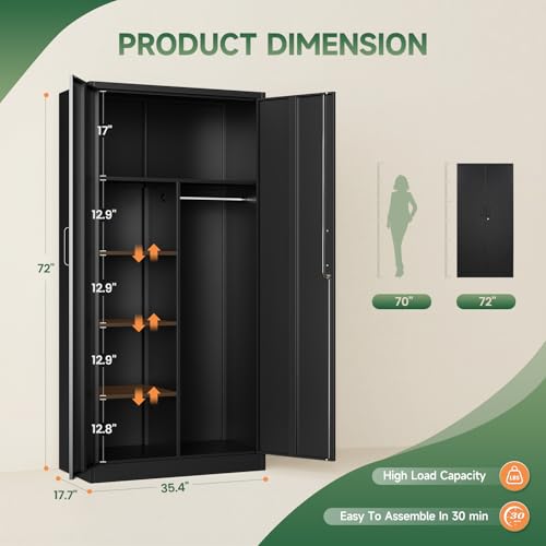 Image of Letaya Metal Storage Cabinets Locker with Lock Door, 72'' Clothing Coat Steel Storage Freestanding Wardrobe for Office, Home, School, Employee,Gym,Fire Department (Black)