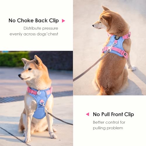 No Pull Dog Harness Reflective Adjustable Puppy Vest with Handle | Baby Blue Base & Pink Straps,M, Quick-release at Neck, Front & Back Leash Hooks,Breathable Mesh, for Small Medium Large Dogs - Image 4