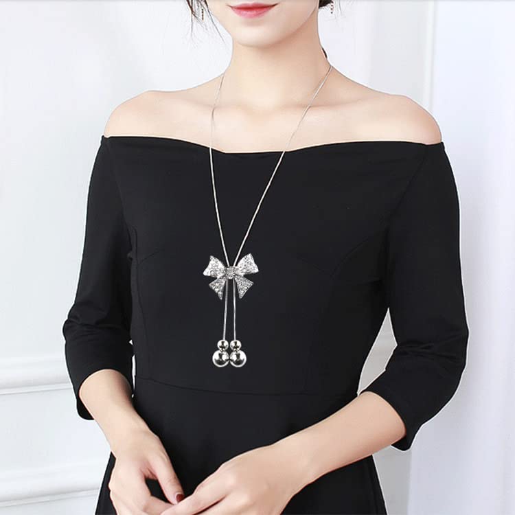 Sither Bow Pendant Necklace for Women Long Sweater Chain Beads Tassel Necklace Wedding Dressy Necklace Jewelry for Winter Evening Party Christmas Gift (silver) - Image 3