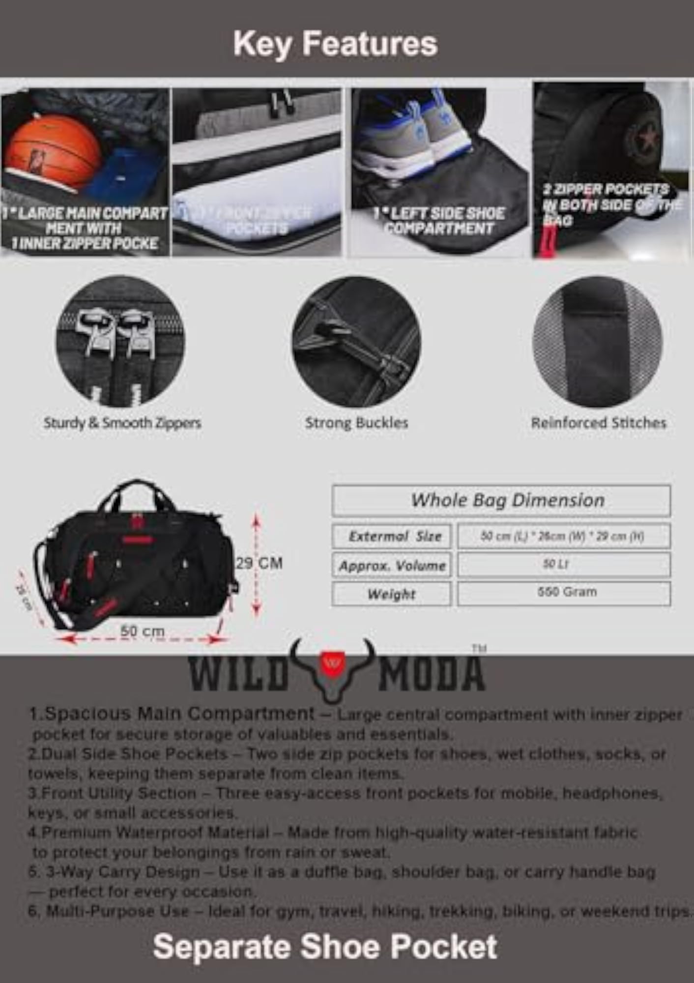 50L Duffel Travel Bag with Multiple Pockets, Black & Red