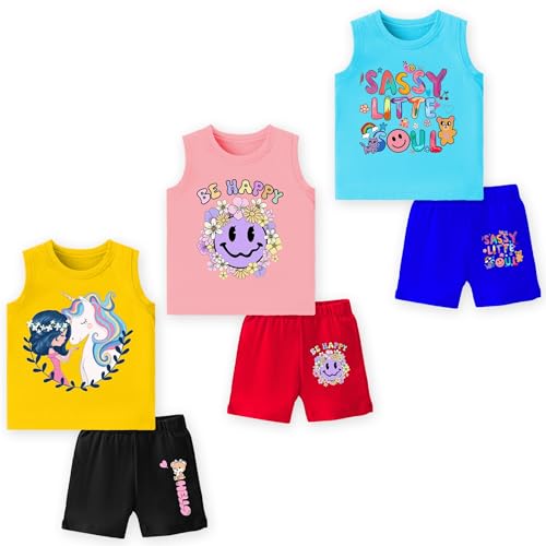 Image of TS LAVI TAVI Baby Cotton Clothing Set | Sleeveless T-Shirt & Shorts Combo | Summer Wear for Boys & Girls | Soft Breathable Fabric | Multicolor Pack of 3