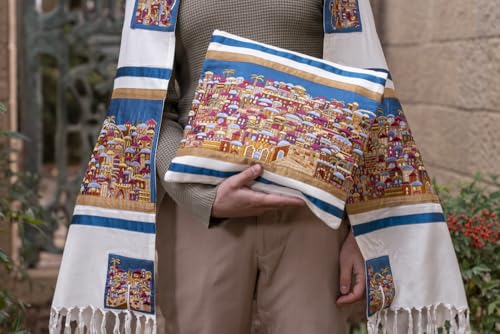 EMANUEL Yair Embroidered Tallit Prayer Shawl Set with Matching Kippah and Bag | Multi-Color Jerusalem TAK-14