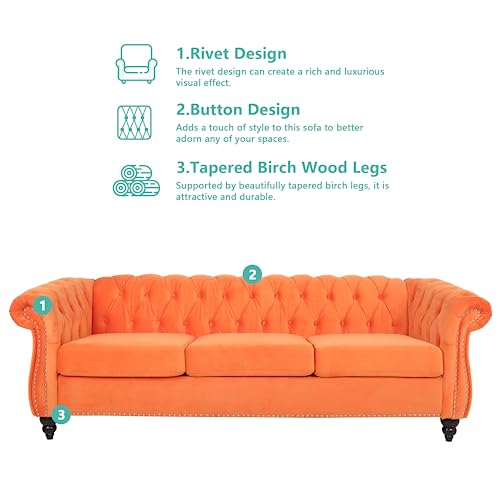 Image of QHITTY Accent Large Sofa, Chesterfield Couch 3 Seater Modern Velvet Couch Upholstered Sofa with Tufted Back for Living Room Furniture (Orange)