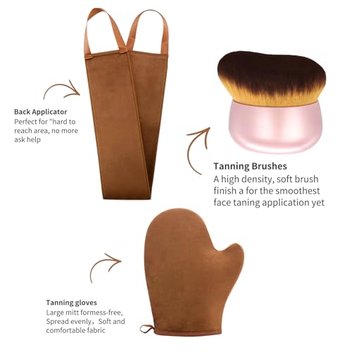 Image of FUNAN Self Tanning Applicator Kit with Soft Mitt, Back Lotion Strap, and Ultra Soft Rose Gold Kabuki Brush, Brown, 3 Piece Set