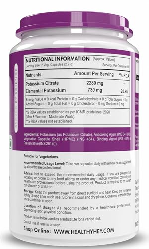 HealthyHey Nutrition Potassium Citrate -120 Vegetable Capsules