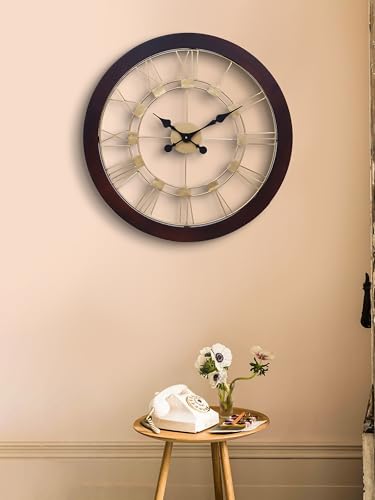 Image of CHRONIKLE Elegance Round Rosewood Wooden Wall Hanging Clock Analog Roman Numerals Golden Dial Iron for Home Office Decor Living Room Bedroom (Size: 59 x 4.5 x 59 CM | Weight: 3010 Gram)