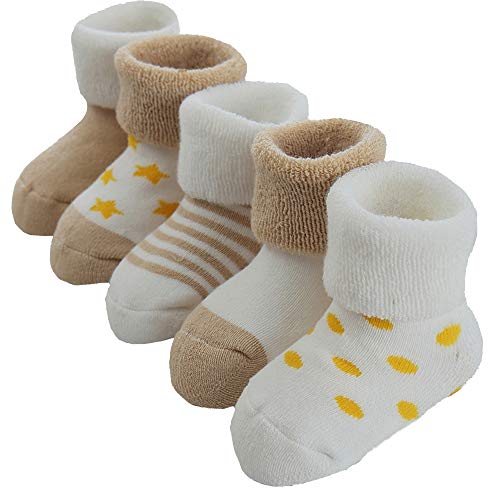 Unisex Baby Newborn and Baby Infant Terry Socks Toddler Socks for Kids Girl and Boy 5Pairs Ankle Socks (White tan, 6-18Months)