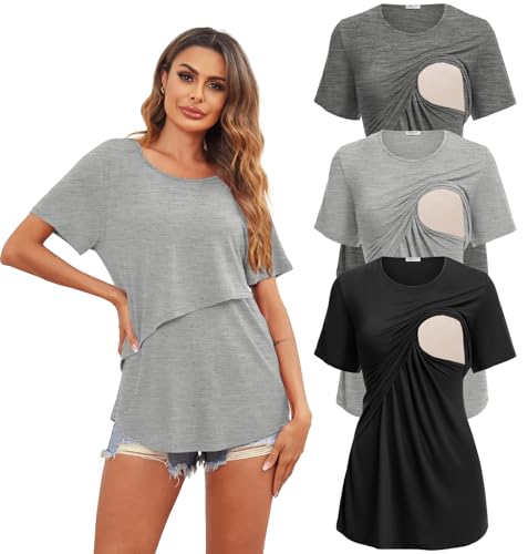 Image of Ekouaer Women's Maternity Shirts Short Sleeves Nursing Tops 3 Pack Double Laye Breastfeeding Tees Pregnancy Clothes S-XXL