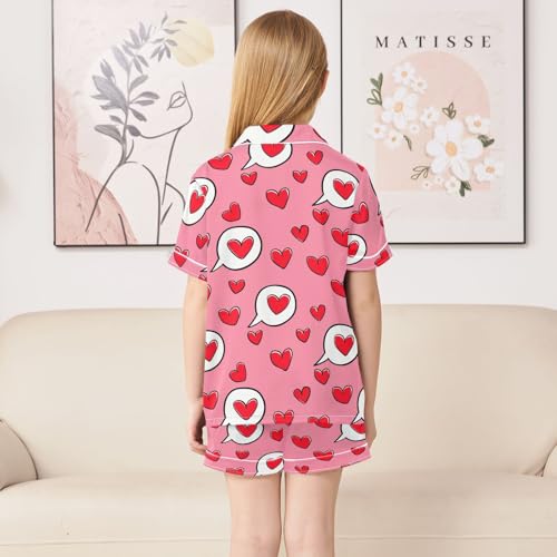 Cartoon Simple Red Heart Shape Prints Summer Satin Pajama Set, Cute Button-Down Sleepwear Pj Set for Sleep Wears4