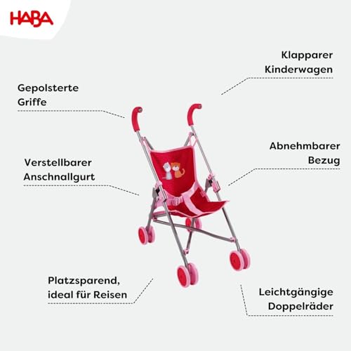 HABA Puppenbuggy Jule – Faltbarer Puppenwagen mit gepolsterten Griffen und waschbarem Bezug – Für Puppen und Stofftiere bis 45 cm – Puppenzubehör für Kinder ab 3 Jahren – 1303815001