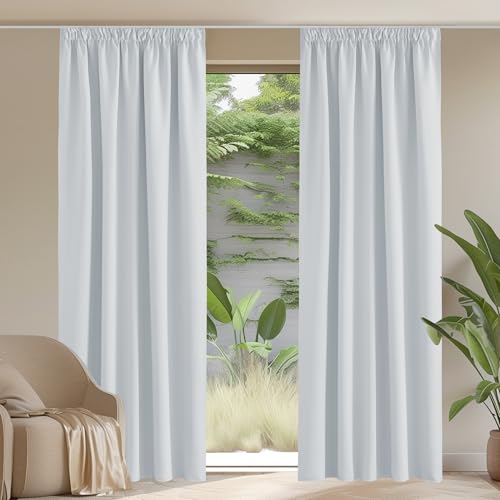PONY DANCE Cortinas Salon Aislantes Termicas Cortina Opaca Ventana, Cortinas Dormitorio 2 Piezas Habitacion para Riel con Ganchos, 140x245 cm, Blanco Gris