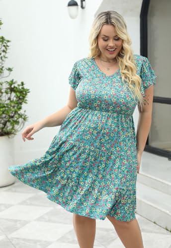Image of Celkuser Womens Plus Size Summer Casual Midi Dress Short Ruffle Sleeve Tiered Empire Waist T-Shirt Dress with Pockets