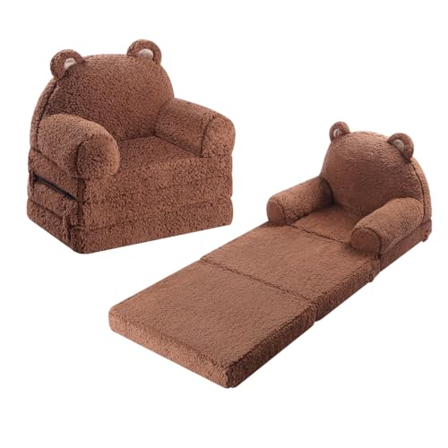 MOMCAYWEX Kids Sofa Sherpa Couch with Tri-Layer Foam Cushions Comfy Seating for Kids Age 18 Months and Up Brown