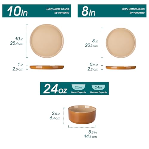 Image of vancasso ONION Ceramic Plates and Bowls Sets, 12 Pieces Brown Dinnerware Sets for Kitchen, Reactive Glaze Dishes Set for 4, Dishwasher and Microwave Safe