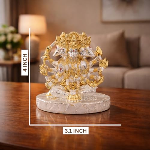 Image of Gold Art India Panchmukhi Hanuman Idol | Gold & Silver Plated Dual Tone Murti | Glossy Finish Polyresin Statue | Spiritual Home Decor for Mandir, Office & Car Dashboard | Premium Gift | 4 Inch