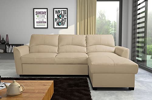 VENESETTI Canapé d'angle Convertible en Cuir de Luxe Italien, 5 Places Lugano, Beige, Angle Droit