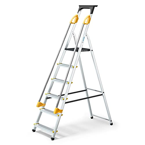 HOSTRÖM Escabeau 6 marches DURAMP sécurisé avec rampes, Tablette Porte-Outils, marchepied Pliable Aluminium, Hauteur Plateforme 119cm, Garantie 5 Ans