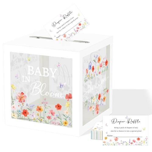 QISOLIY 50 Pieces Diaper Raffle Tickets with Box Baby Shower Game Invitations Diaper Raffle Cards Diaper Raffle Box Set for Baby Shower Gender Reveal Party Supplies Card Box (Clear Wildflower)