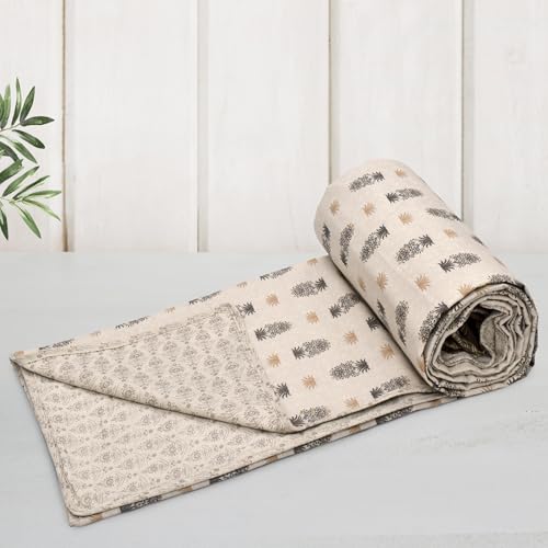 Image of HUESLAND 100% Cotton Reversible Dohar Single Bed Cotton | Soft Cambric Weave, Lightweight AC Blanket for Summer & All Weather Use | 56 x 89 inches, Botanical Fusion - Beige, Grey & Yellow