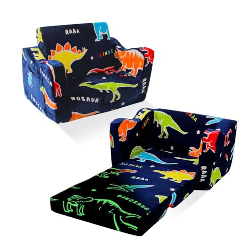ONEKUKA Toddler Couch Glow in the Dark Dinosaur Kids Couch 2-in-1 Foldable Flip Open Kids Sofa Chair for Reading Playtime and Playroom Gift for Boys and Girls