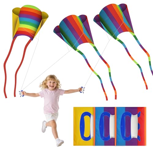 3 Stück Drachen Kinder Set – Bunte Einleiner Drachen mit Langen Schwänzen Lenkdrachen, Einfach zu Fliegen für Anfänger & Kinder, Outdoor Kinderdrachen