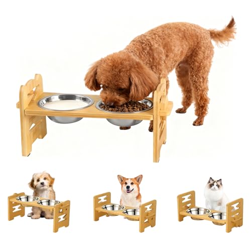 Ciotola per cani rialzata con supporto, ciotole rialzate regolabili in altezza, resistente, mangiatoia in bambù con 2 ciotole in acciaio inox, ciotola rialzata per cani di piccola taglia e gatti