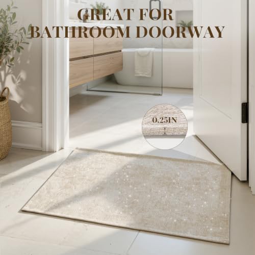 UKISS 2PCS Large Bath Mats, Shiny Chenille, Non Slip Bath Rug Set, Ultra-Absorbent Bath Mats for Bathroom Decor, Extra Soft Floor Kitchen Rugs,Washable Mat Quick Dry, 20" x 32" + 20" x 50", Beige — view 3