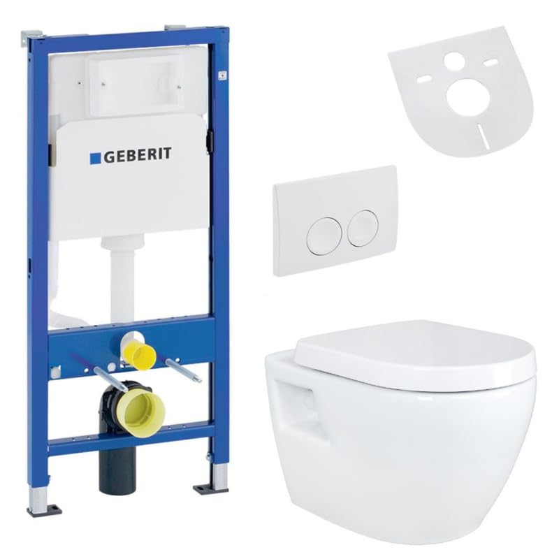 Belvit Hänge WC Komplettset + Duofix Basic Vorwandelement + Spülrandlose Wand Toilette Weiß aus Keramik + Toilettendeckel mit Absenkautomatik + Betätigungsplatte + Schallschutz