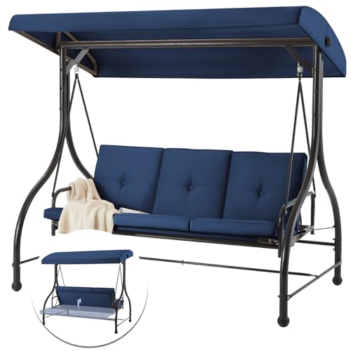 YODOLLA Balancelle de Jardin 3 Places,Lit Balancelle de Terrasse avec Coussin Amovible & Dossier Réglable et Auvent,pour Jardin, Terrasse, Piscine...