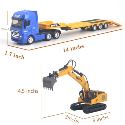 Image of Flattrailer Heavy Duty Semi Trailer Tractor Truck w / Excavator - Metal Construction Vehicle Toy for Kids