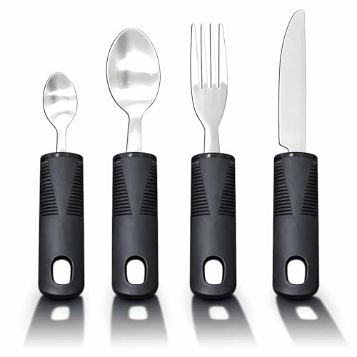Disability Aids Easy Grip Eating Utensils Set of 4 – Extra Wide Handles, Adaptive Forks and Spoons for Adults, Comfortable Grips Ideal for Elderly, Disabled, Arthritis, Tremors (Straight)