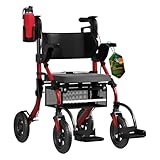 BeneCane 2in1 faltbarer Rollator für ältere Menschen, Leicht Rollstuhl mit großen rutschfesten Gummirädern für Männer & Frauen, Höhenverstellbarer Gehwagen, Gehhilfe, Laufhilfe für Senioren (Rot)
