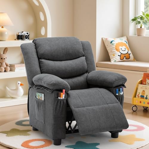 Korser Kids Recliner Chair, Push Back Toddler Recliners with Side Pockets, Child Recliner with Footrest, Cashmere Fabric Kid Chair for Girls Boys Kids Room, Children's Rooms (Grey)