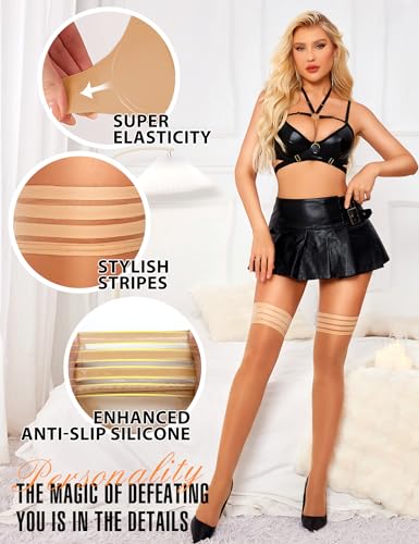 Image of RSLOVE Thigh High Stockings for Women - Stripe Top with Anti-Slip Silicone Stay Up Sheer Pantyhose for Cosplay, Date Night