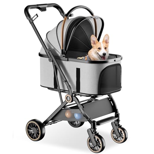 GTPLAYER Pet Stroller for Dogs & Cats, 3-in-1 Foldable Pet Strollers with Detachable Carrier, 360° Swivel Front Wheels & Rear Brakes, Up to 45 lbs, Grey
